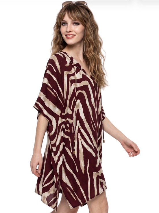 Soho Dresses & Skirts - SOHO Brown Cream Zebra Print Kaftan mini dress V neck Short sleeve Resortwear LG